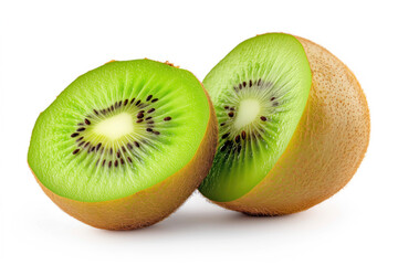 Fototapeta premium A close-up view of a fresh kiwi fruit, sliced to reveal its bright green interior. The fruit is contrasted against a white background, highlighting its natural, juicy, and sweet characteristics.