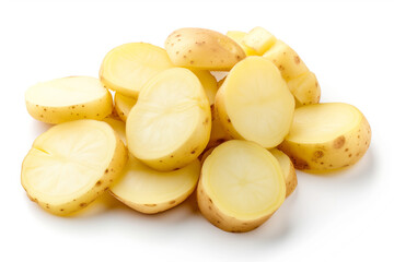 Naklejka na ściany i meble A close-up view of freshly sliced yellow potatoes, showcasing their vibrant color and texture, isolated on a white background.