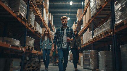 Caucasian team Confident working at the warehouse. - obrazy, fototapety, plakaty