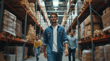 Fototapeta premium Caucasian team Confident working at the warehouse.