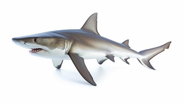 A highly detailed image capturing the elegance and power of a great white shark, isolated on a white background, showcasing its streamlined body and formidable jaws.