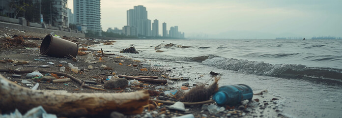 Garbage on the beach in a seaside town. - obrazy, fototapety, plakaty