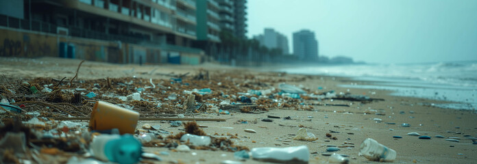 Garbage on the beach in a seaside town.