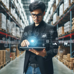 Man using a tablet keeps records, audits goods in the warehouse, keeps track of availability and movement of goods in the warehouse, modern technology, illustration, AI