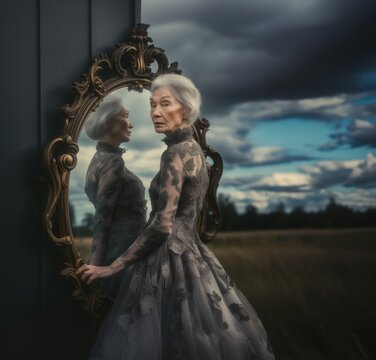 19th century fashion elderly woman standing next to a vintage mirror. Surreal, paradoxal scene background.