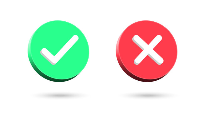 3d check mark icon set. check box icon with right and wrong 3d button and yes or no checkmark icons in green tick box and red cross. vector illustration
