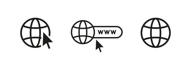 Web globe icon vector with mouse cursor icon. Website icon set. www world global icons. click to go to website icon