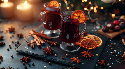 Christmas mulled red wine with spices and fruits on a black stone table. Warm and cosy environment...