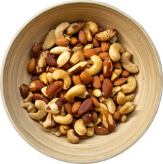 Mix of Brazil nuts, cashews and almonds in a bowl on a transparent background.