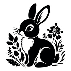 Rabbit in flowers vector drawing, black silhouette on a transparent background, Easter print for stencil