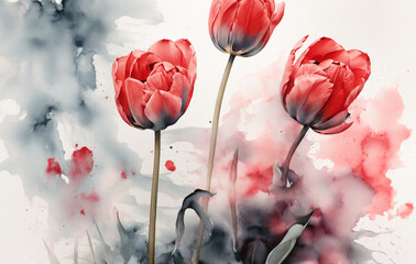 Ink watercolor hand drawn smoke flow stain blot on wet paper texture background, landscape on wet grain paper texture background, Soft focus blur red tulips, HD high quality