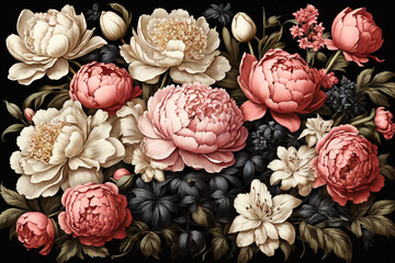 Vintage flowers. Peonies, tulips, lily, hydrangea on black. Floral background. Floral illustration in baroque style. HD high quality