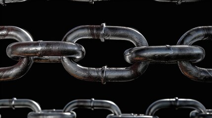 Closeup strong metal chain on a black background