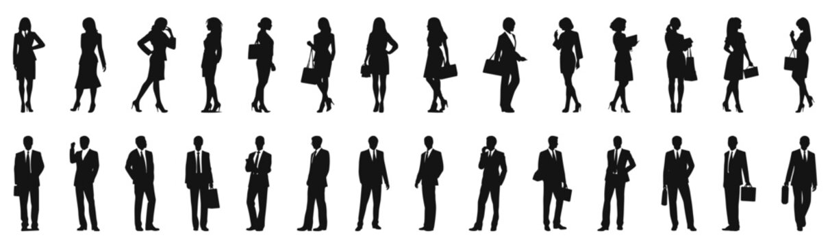 Business people black silhouettes isolated on white. Businessman and businesswoman outline models, professional man and woman persons outlined stencils