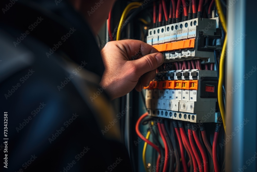 Poster close up detail of an electrician hands working with wires and fuse switch box.