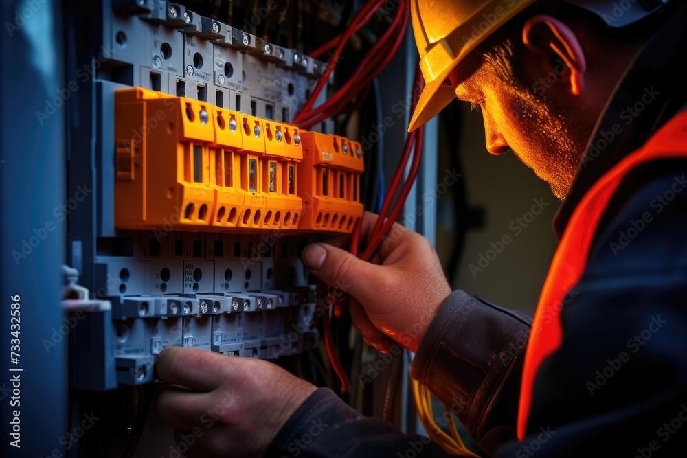 Poster Close up detail of an electrician hands working with wires and fuse switch box.