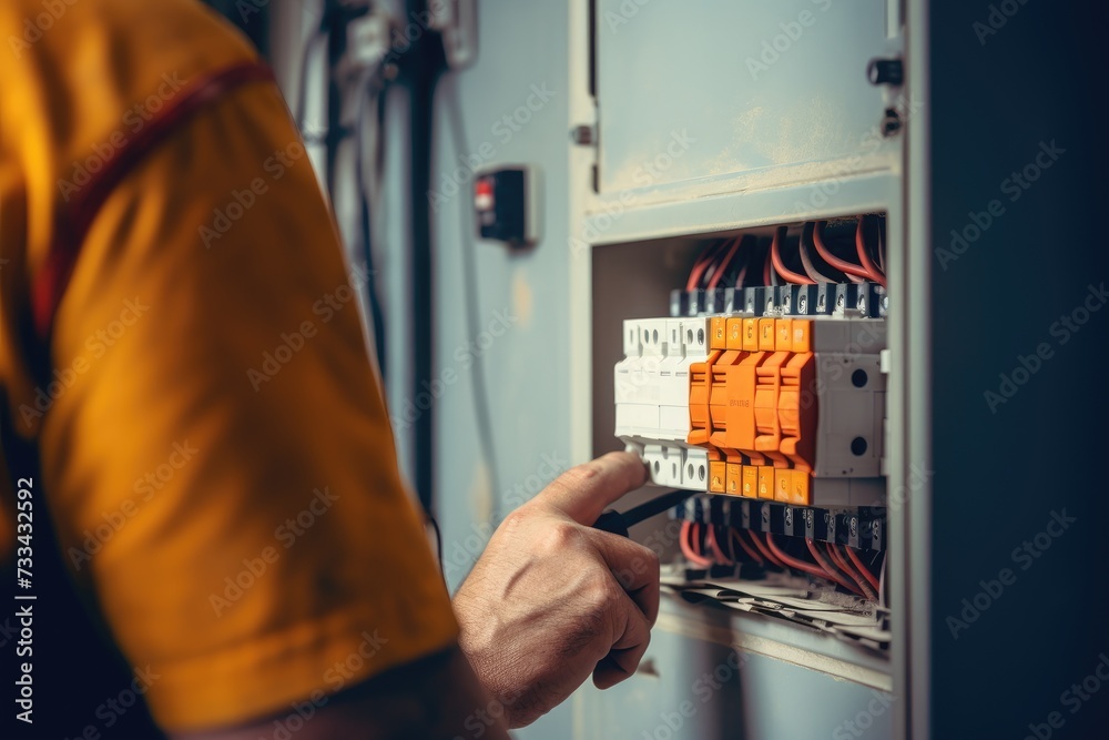 Poster Close up detail of an electrician hands working with wires and fuse switch box.