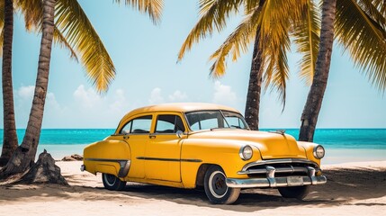 Yellow old car parked on a tropical beach
