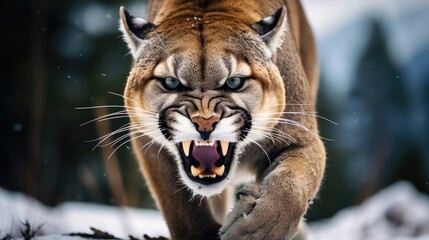 Roaring cougar or mountain lion hunts its prey - obrazy, fototapety, plakaty