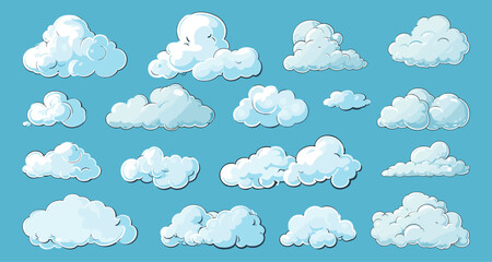 Cartoon clouds isolated on blue background. Overcast sky panorama, big cloud set flat vectors