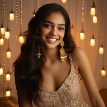 Diwali Delight: Smiling Indian Model Radiates Joy in Manish Malhotra Style Lengha, Featuring Glowing Skin and Soft Glam on Pastel Beige Background with Fairy Lights generative ai