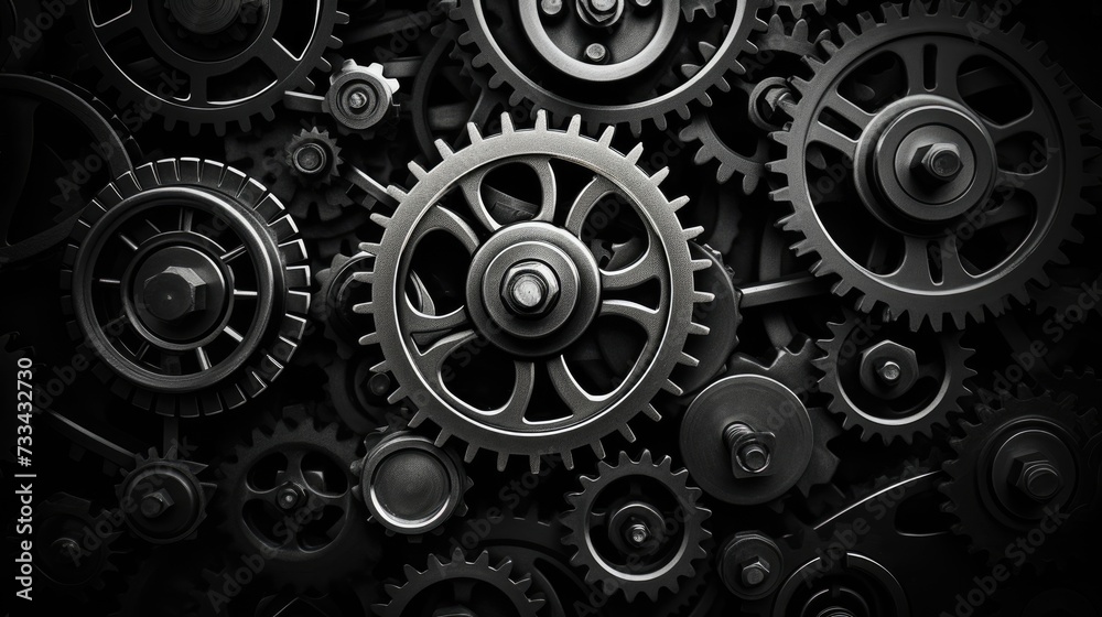 Aufkleber retro black and white background of industrial cogs or gears with movement