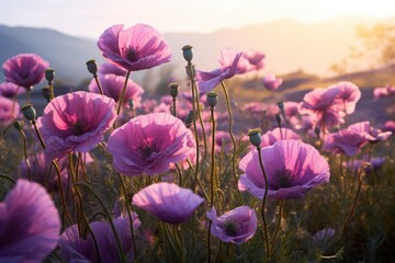 Purple poppy blossoms in a field - obrazy, fototapety, plakaty