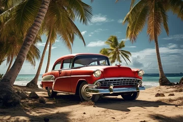 Papier Peint photo autocollant Havana Red old car parked on a tropical beach