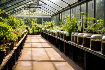 Rows of potted plants under greenhouse glass panels. Preparation for planting in spring