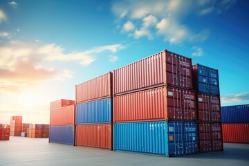 Stack of blue container boxes with sky background. Cargo freight shipping for import and export logistics