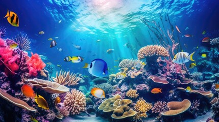 Naklejka na ściany i meble Fish over a coral reef in the sea.