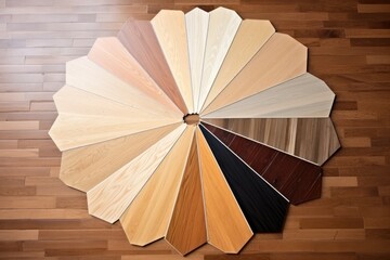 Wood laminate floor samples. Assortment of parquet or laminate vinyl floor samples in natural colors.