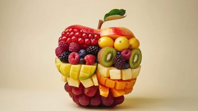 The image depicts an apple crafted from various fruits, showcasing creativity and ingenuity in food presentation