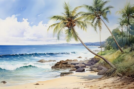 Watercolor painting of palm trees, palm tree on the beach with sea.