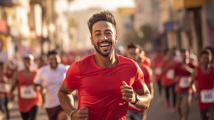 Stride of Strength: Good-Looking Indian Man Exudes Confidence in Marathon Gear During Race generative ai