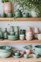 Fototapeta na wymiar A variety of handcrafted pottery pieces in pastel tones, artfully arranged on rustic wooden shelving