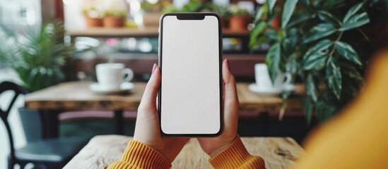 Woman using a blank white screen cell phone mockup in a coffee shop for advertising and business purposes.