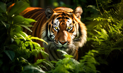 Fototapeta premium Intimate details of a majestic tiger showcased in a close-up within its natural jungle surroundings.