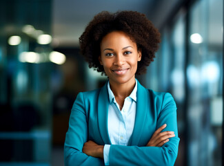 The assurance and warmth of a young African businesswoman's smile convey confidence in her professional demeanor.