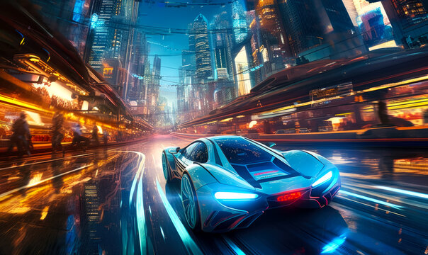 Urban setting, a fast car streaks through the streets against a backdrop of neon lights with blurred motion