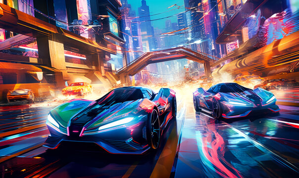 Urban setting, a fast car streaks through the streets against a backdrop of neon lights with blurred motion