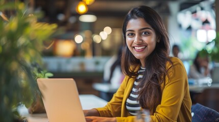 Vibrant Workspace: Excited Indian Woman Embraces Mood Fashion Vibes while Working generative ai