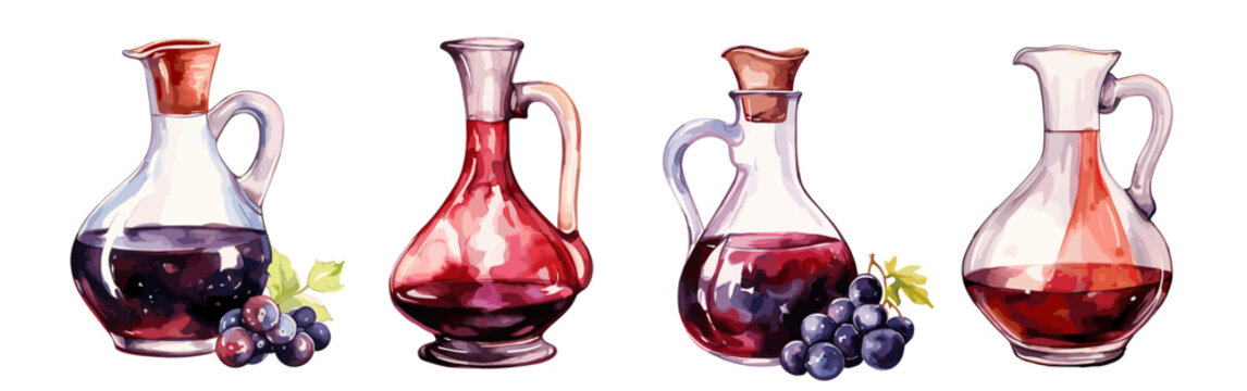 Decanters. Red wine in decanter, alcoholic drinks. Isolated vinery, cafe or restaurant menu elements. Homemade drinks, tincture, watercolor style vector objects