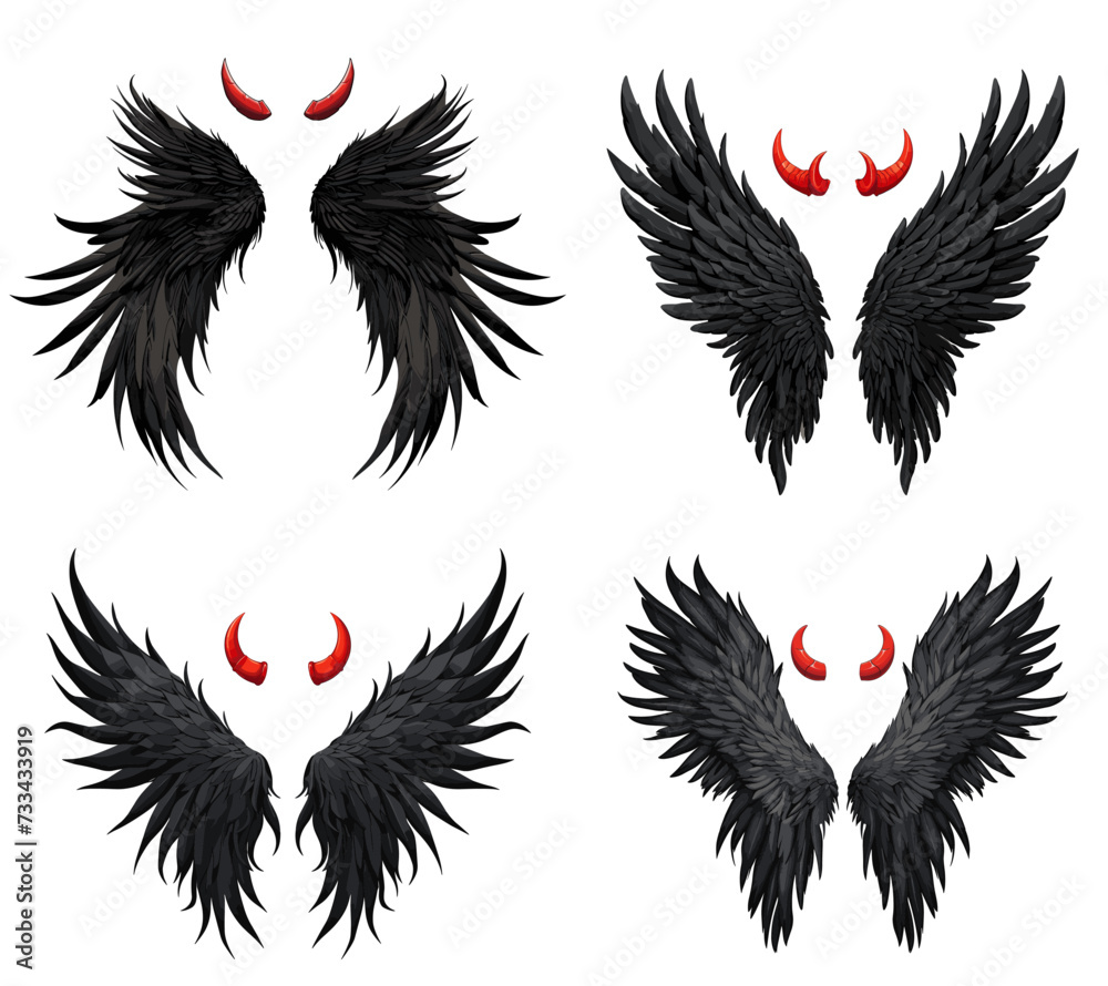 Wall mural devil wings isolated. black feathers wing pair with red horns above vector illustration on white bac