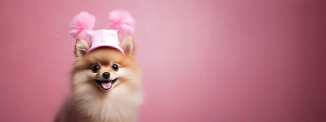 Fototapeta na wymiar Cute friendly red fluffy spitz dog showing tongue with peach easter hat on pink background, favorite pet, copy space