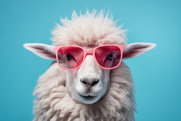 Obraz premium Sheep wearing pink sunglasses on a blue background.