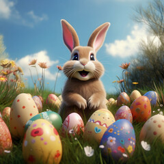 Easter bunny with colorful eggs in green grass. Easter background.