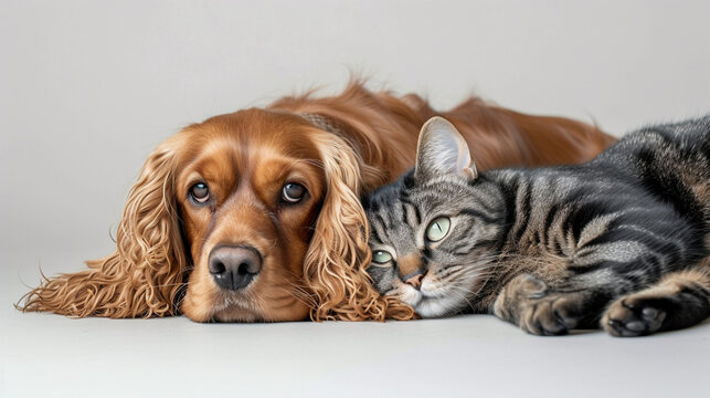 Adorable dog and cat on white background, lying on the floor, together, studio portrait. Cocker Spaniel. Veterinary, pets care. Concept pets love, animal life, humor, friendship.