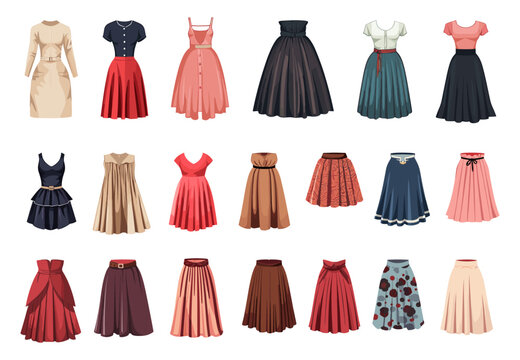 Female dress and skirt. Cartoon different dresses, long and short skirts. Isolated women clothes, elegant and daily designs. Fashion vector collection