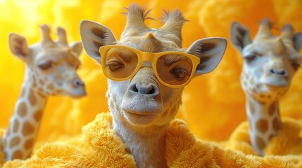 Zabawna Żyrafa nosząca żółte okulary i żółtą kurtkę. - obrazy, fototapety, plakaty